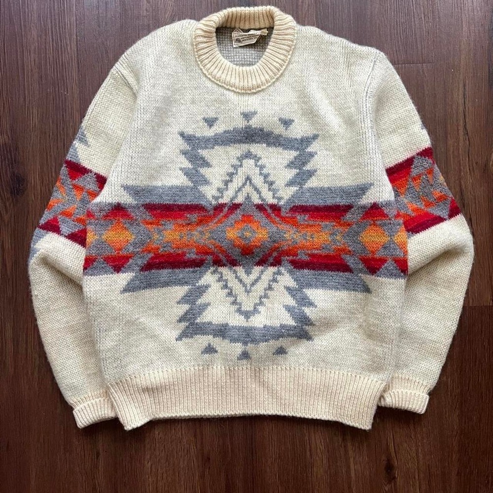 Vintage Pendleton Aztec Pattern Wool Knit Heavyweight Sweater Mens Large Cream - Picture 8 of 8
